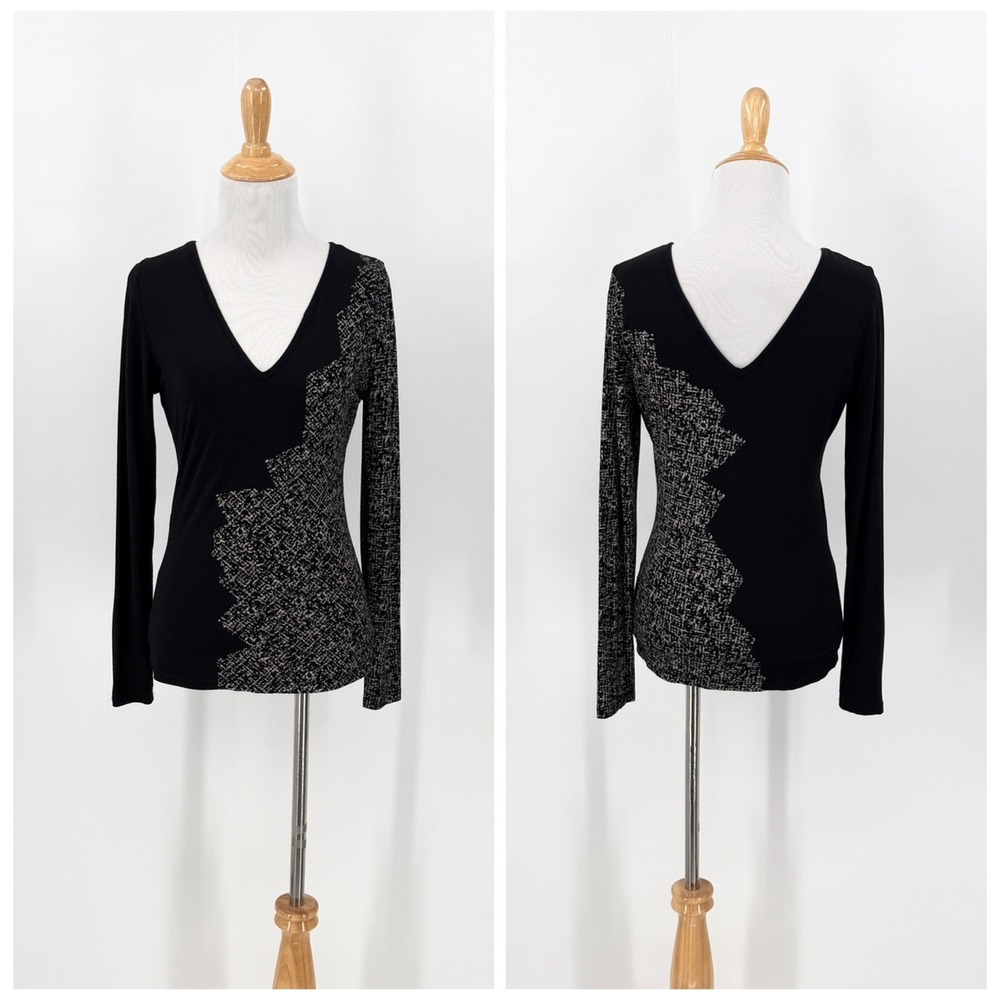 Isabel De Pedro Top Women 6 Black Patterned V Neck Long Sleeve Stretch Viscose